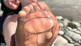 Goddess Teases With Messy Nylon Feet On River Bank