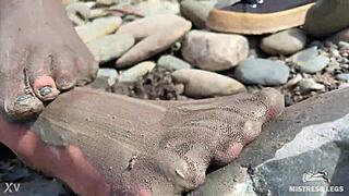 Goddess Teases With Messy Nylon Feet On River Bank