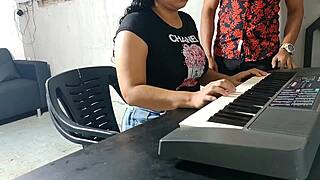 The keyboard teacher punishes his young Colombian student for being undisciplined, bending her over for a hard lesson with riding and blowjob