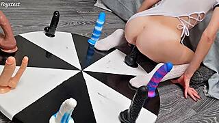 Does this petite stepsister win her orgasm with dildos?