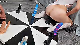 Does this petite stepsister win her orgasm with dildos?