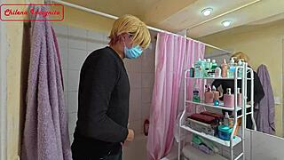 She whispers, 'Let's keep the holiday party going in the bathroom with riding, cowgirl, and cum on tits, even bent over for bisexual fun'