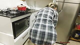 brazilian fitness babe Barbiefit devours huge cock in kitchen