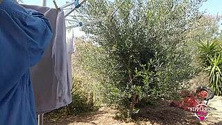 nippleringlover, this kinky mother, is playing with her pierced pussy and extreme pierced nipples outdoors, flashing everything.