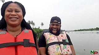 Passionate sex across the river with big cock and natural tits