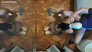 Milf In Pantyhose And High Heels Kneels For Blowjob With Cum Swallowing