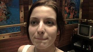 beautiful brunette masturbates in lingerie before heading to work, showing shaved pussy.