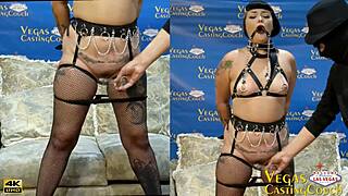 Hot MILF in fishnets, leash, collar, locked, fucked HARD