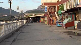 Naughty milf flashes nude in public streets