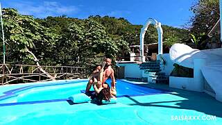 tattooed latina blows cock and masturbates by the pool