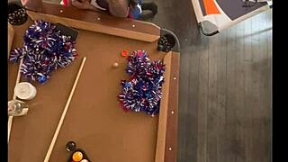 Cheerleader pornstar licks and sucks big black cock at pool hall