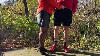 Chubby Mature Lady Grips My Shaft Outdoors During a Pee Break