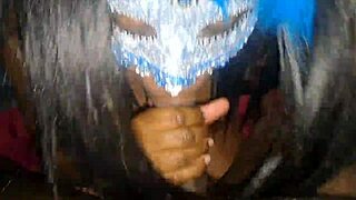 masked ebony gives blowjob, swallows cum