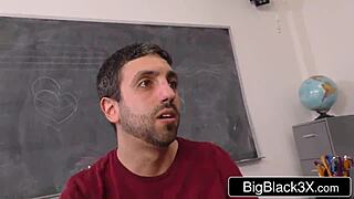 beautiful spanish teacher interacts with campus geek