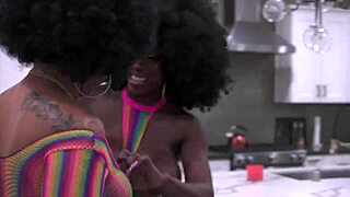 Groovy ebony babe enjoys bbc threesome with big natural tits and orgasm