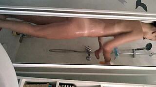 So sexy teen girl taking a shower, shaved and hairless brunette bathing solo