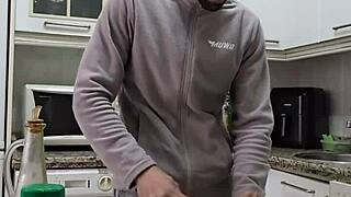 Pornstar undresses while cooking, masturbates, and cums on the food.