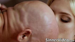 bimbo with big tits fucks bald dude's big cock and gets cum all over her tight pussy