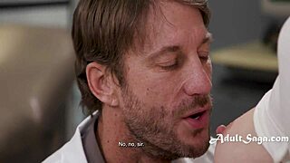 unappreciative husband watches as doctor examines his beautiful wife