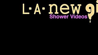 brunette bombshell enjoys a relaxing shower