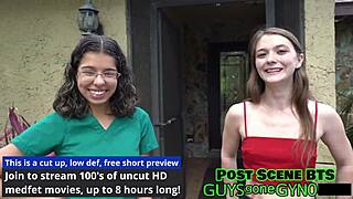 Mira Monroe, the teen 18+ nurse in latex gloves, says, 