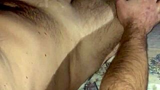 Nighttime cock jerking in bedroom with huge monster cock