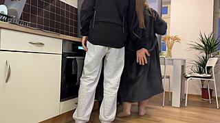 My stepmother-in-law made me cum on her hairy ass in the kitchen