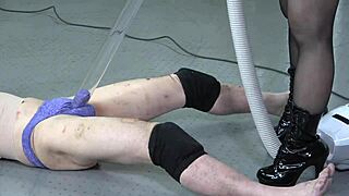 japanese femdom mistress licks boots and balls with vacuum cleaner, boots and shoes included