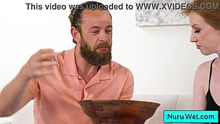 blonde masseuse sonia harcourt gives wet nuru massage and rubs her natural tits on brad newman's back