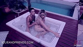 blonde shemale having great sex in the pool
