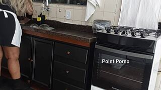 Feeling shocked and aroused, I emerged naked from the shower and discovered the maid cleaning the kitchen with her tempting body.