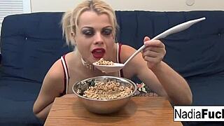 Blonde Nadia Devours Cereal Packed With Sexy Army Soldiers Boldly