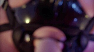 Prurient lady uses strapon for pegging her bound guys and swallows cum in intense bdsm session