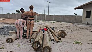 What a shock when carpenter gets paid with wild threesome from Brazilian bbw whores ripping clothes for anal fun!