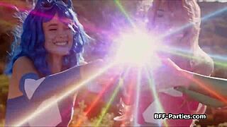 Dominant sexy rangers unleash wild orgasm sharing thick cock in intense cosplay group action