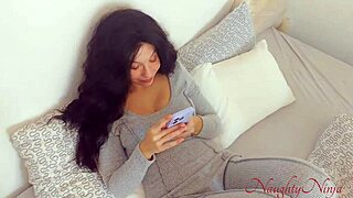 the mature woman with blue eyes takes his monster cock deep in her wet pussy during the intense creampie session on the bed