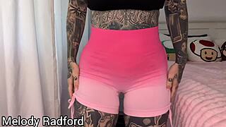 Big tits milf tries on gym tights in bedroom haul with curvy amateur style