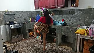 Perverted neighbor roleplays kinky fetish with curvy amateur, shaking her big ass in uniform while he's watching