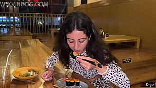 I CUM ON a girl's FACE in public SUSHI BAR and she EATS rolls with CUM on her FACE