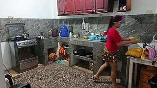 Perverted neighbor roleplays kinky fetish with curvy amateur, shaking her big ass in uniform while he's watching