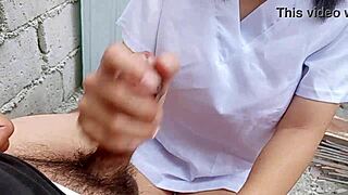 The pinay nurse flashed her legs to the construction worker neighbor. He gave her hard fucking with blowjob and cunilingus in the abandoned hospital.