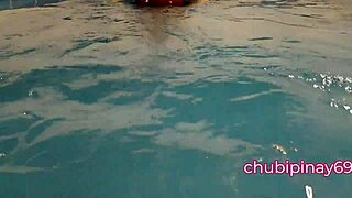 flashing boobs in public swimming pool with chubby milf solo