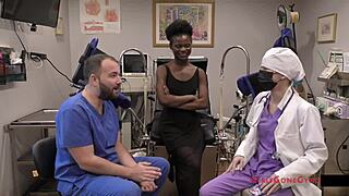 In the clinic, nurse Rina Arem examines the patient with gloves during a virgin checkup, leading to intimate backstage moments with toys and spreading.