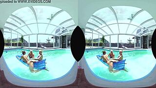 Foursome featuring big tits Czech blondes licking asses and pussies by the pool.