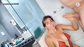 Cock explodes with pleasure on her face after hard ass fucking session