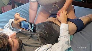 Hot golden shower follows massive cum blast with sensual panty play and handjob