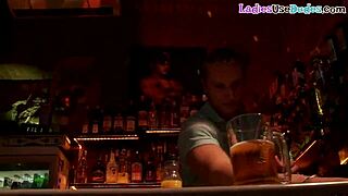 Strapon-Wielding Dommes Dominate and Fuck Sissy Subject in Bar