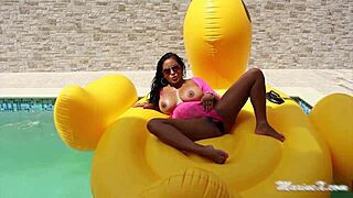 On the beach, sexy Asian housewife in lingerie and heels moans loudly while trying to fit a huge BBC dildo into her tight wet pussy hole.