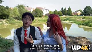 Redhead babe in lingerie flashes shaved pussy and fucks stranger on street while boyfriend watches.