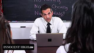 Fingering And Licking Lead To Orgasm In Classroom 3some With Pigtails Babe And Latina Getting Muff Diving Action
